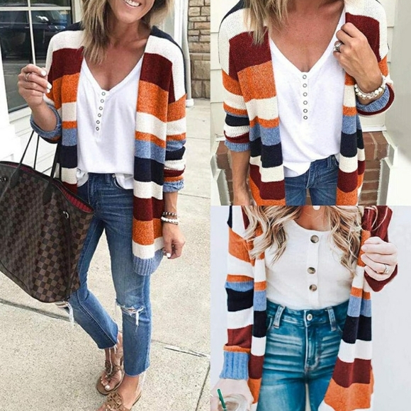 Zesica Sweaters - NWT ZESICA Women's Long Sleeve Striped Color Open Front  Knit Cardigan Sweater.